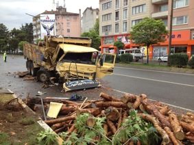 Tomruk Yüklü Kamyon Çöp Aracına Arkadan Çarptı