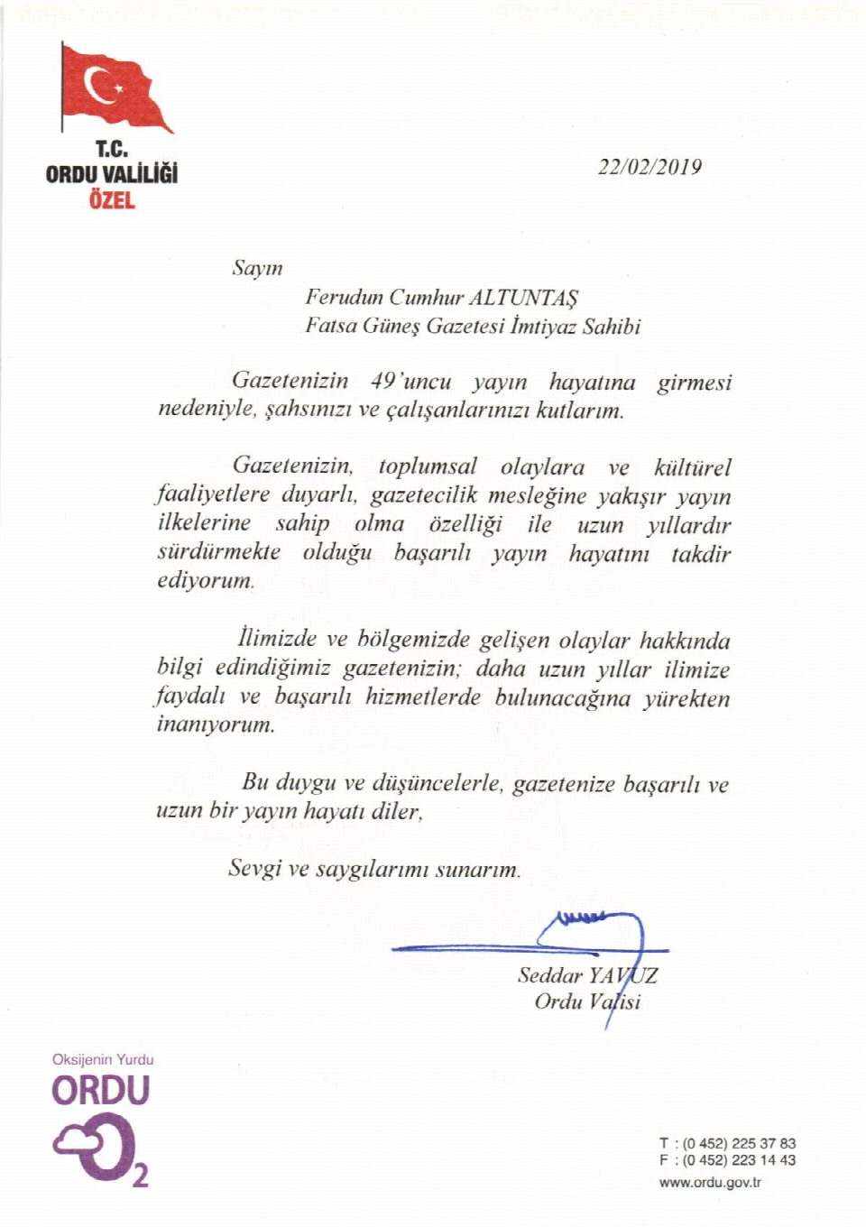 Ordu Valisi Seddar Yavuz'un kutlama mesajı
